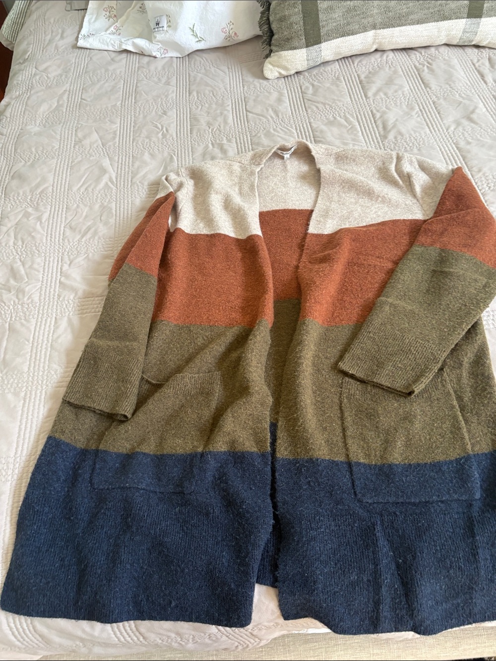 Madewell Colorblock Open-Front Cardigan in Cream, Rust, Olive & Navy
